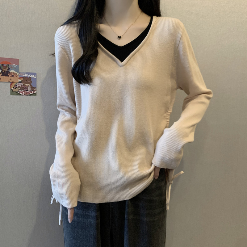 哺乳衣服秋冬款胖mm外出时尚装假两件针织衫遮肚子宽松V领喂奶衣