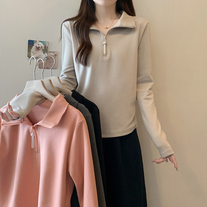 大码哺乳衣服秋冬款胖mm女加绒加厚半拉链polo领打底长袖T恤喂奶