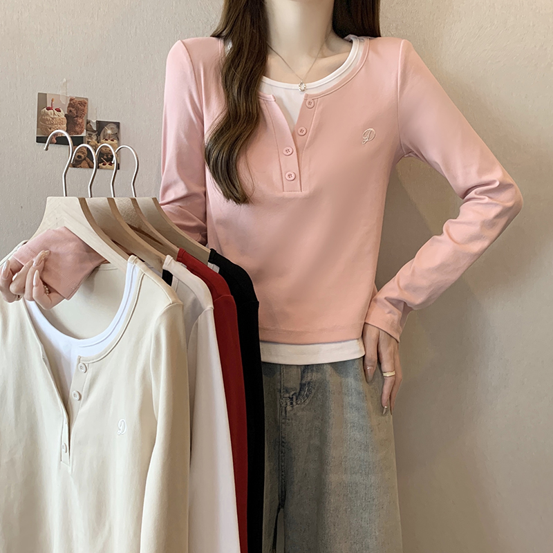 哺乳装秋装服装刺绣假两件产后辣妈外出大码女感撞色喂奶长袖韩系