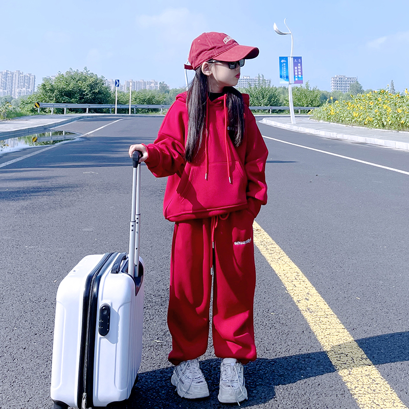 女童运动套装2023秋冬新款大童休闲连帽套头加绒卫衣卫裤两件套潮