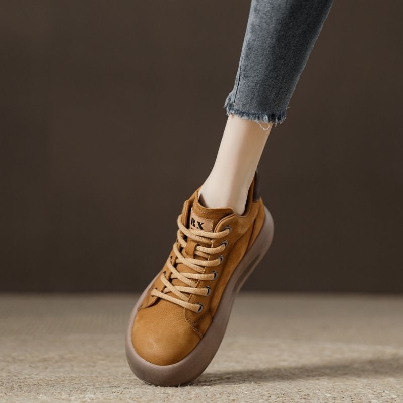 舒适高帮真皮短靴女头层牛皮厚底女鞋休闲鞋马丁靴系带复古拼色