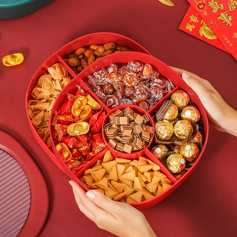 中式糖果盒家用客厅茶几分格带盖过年红色果盘干果盒结婚喜糖盒子