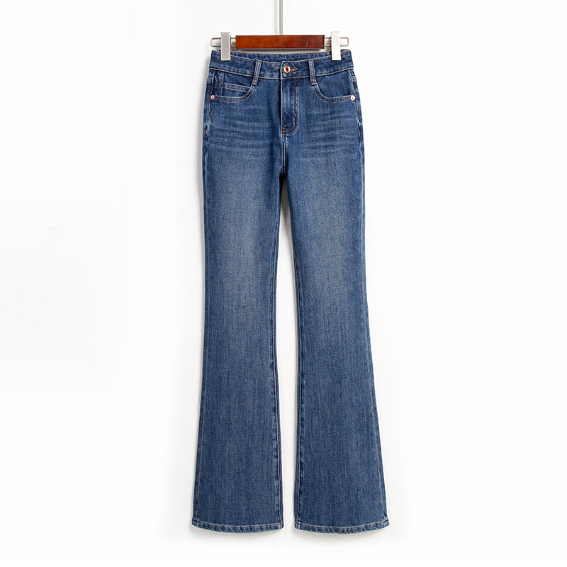 RAIN.CUN宝石蓝·秋冬高腰气质显瘦四面弹微喇叭牛仔长裤女QC11071