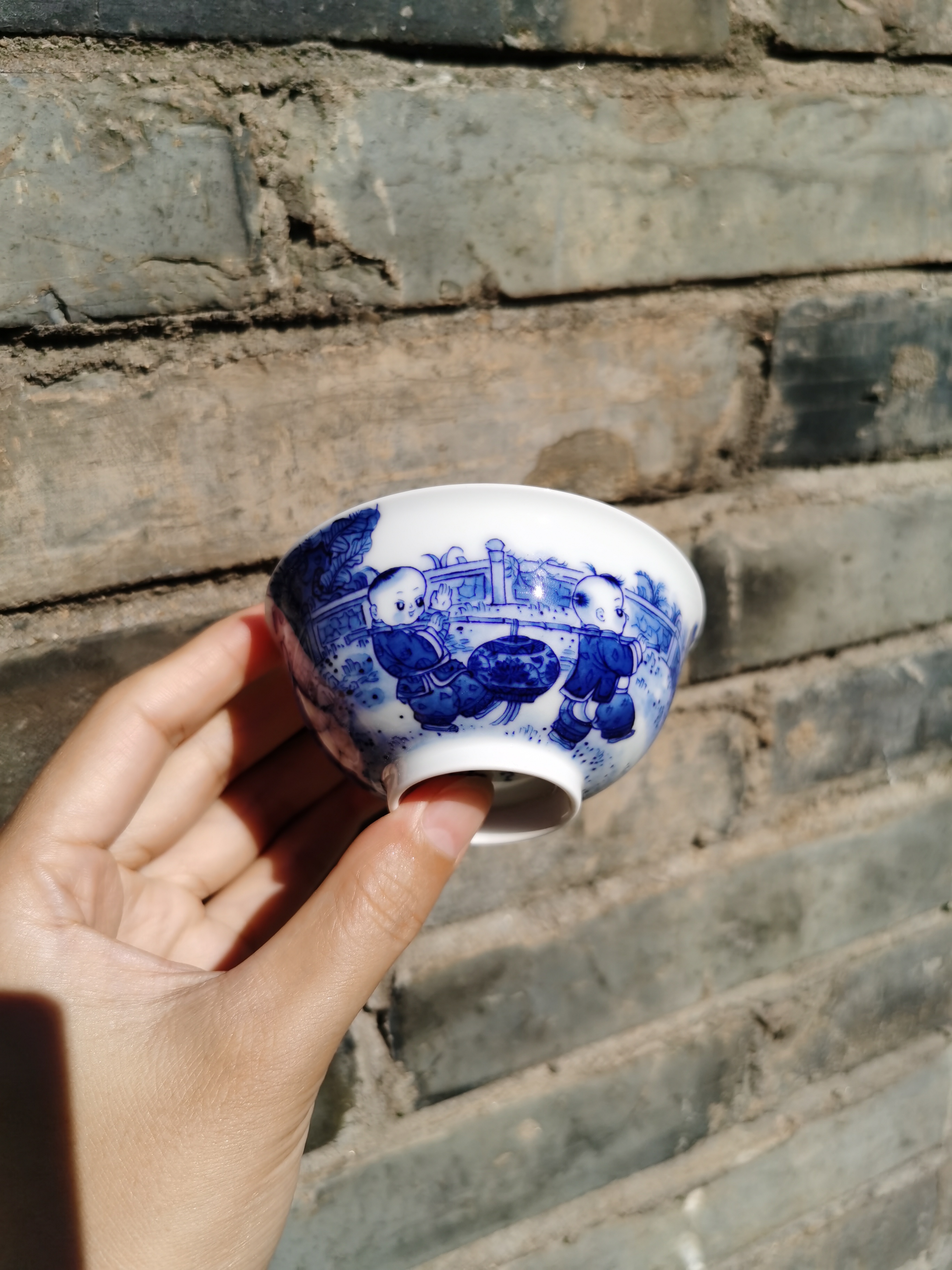 非遗琴心青花童子大红灯笼高高挂品茗杯全手工制作主人杯