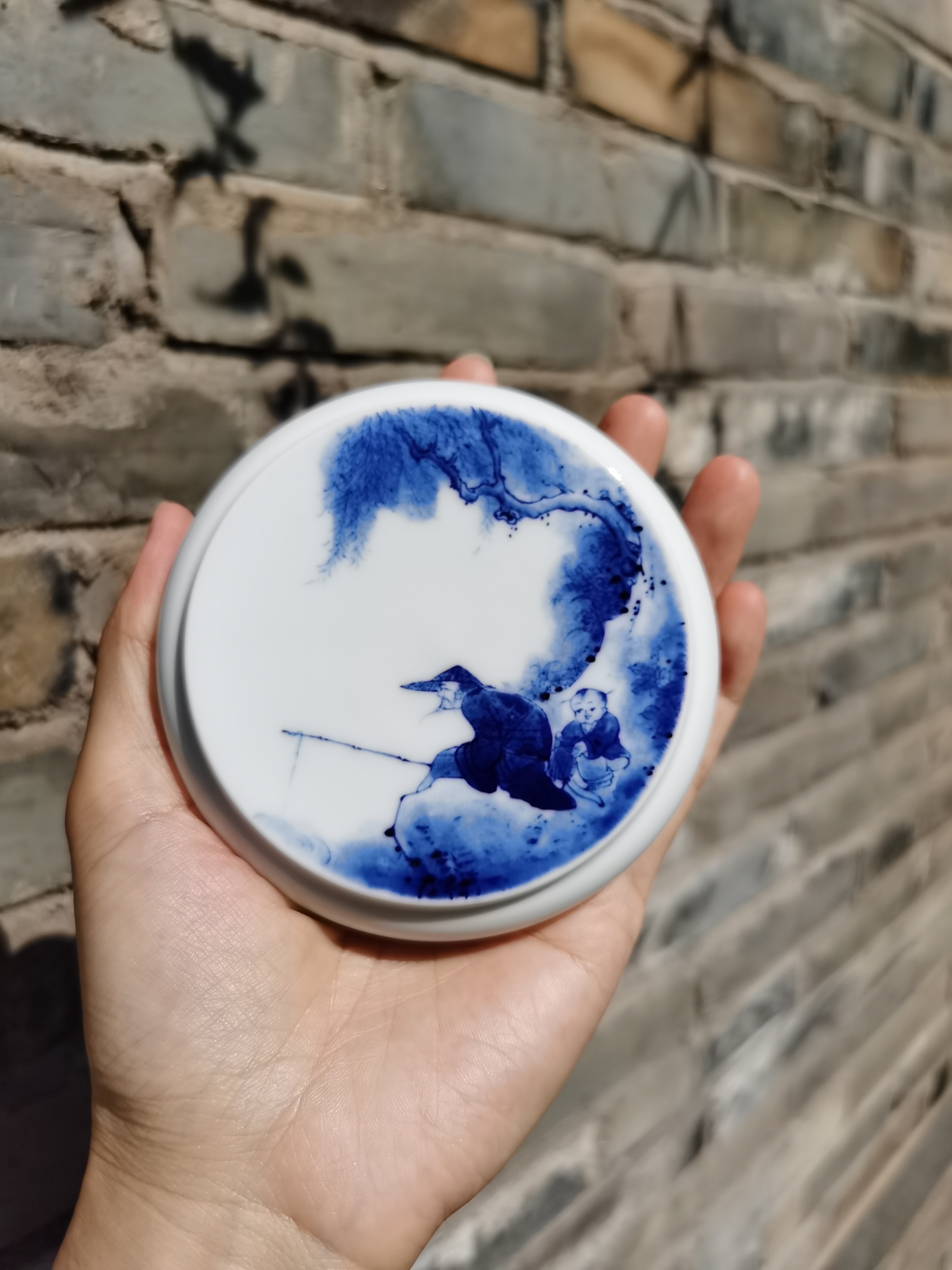 非遗琴心青花高士钓鱼图盖置茶托壶承全手工制作