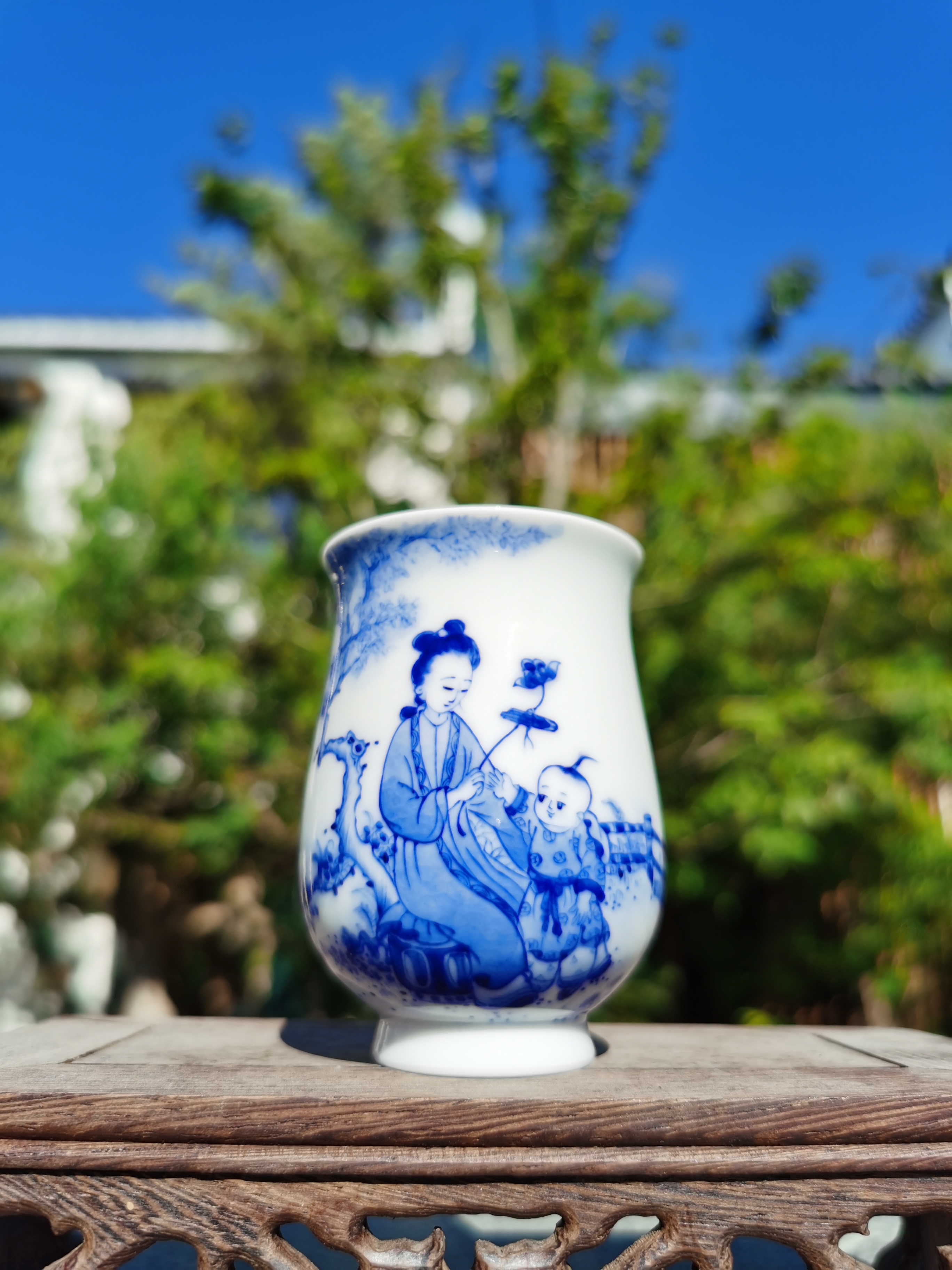 非遗琴心青花仕女母婴亲子系列玉兰杯全手工制作品茗杯主人杯001