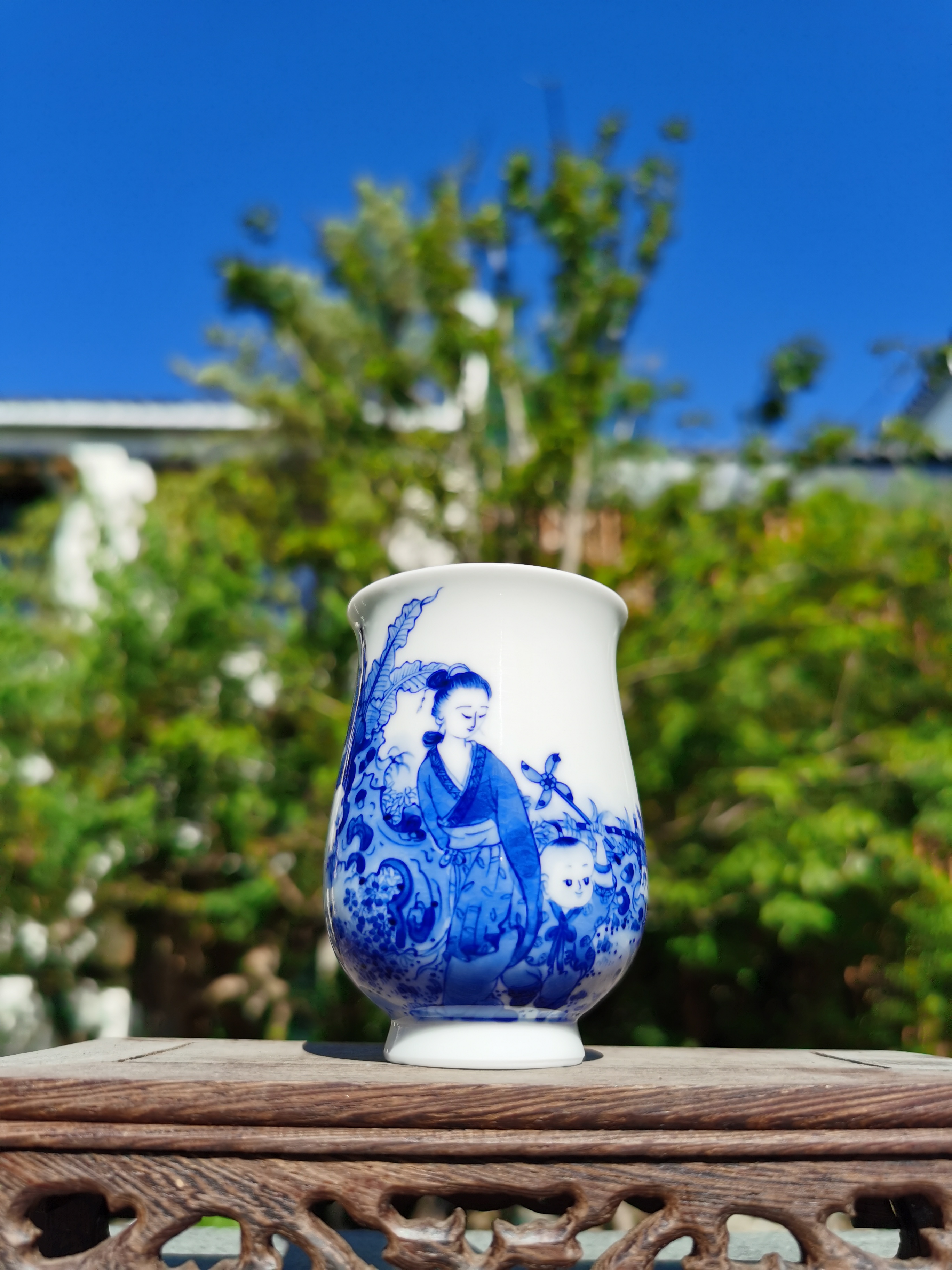 非遗琴心青花仕女母婴亲子系列玉兰杯品茗茶主人杯全手工制作002