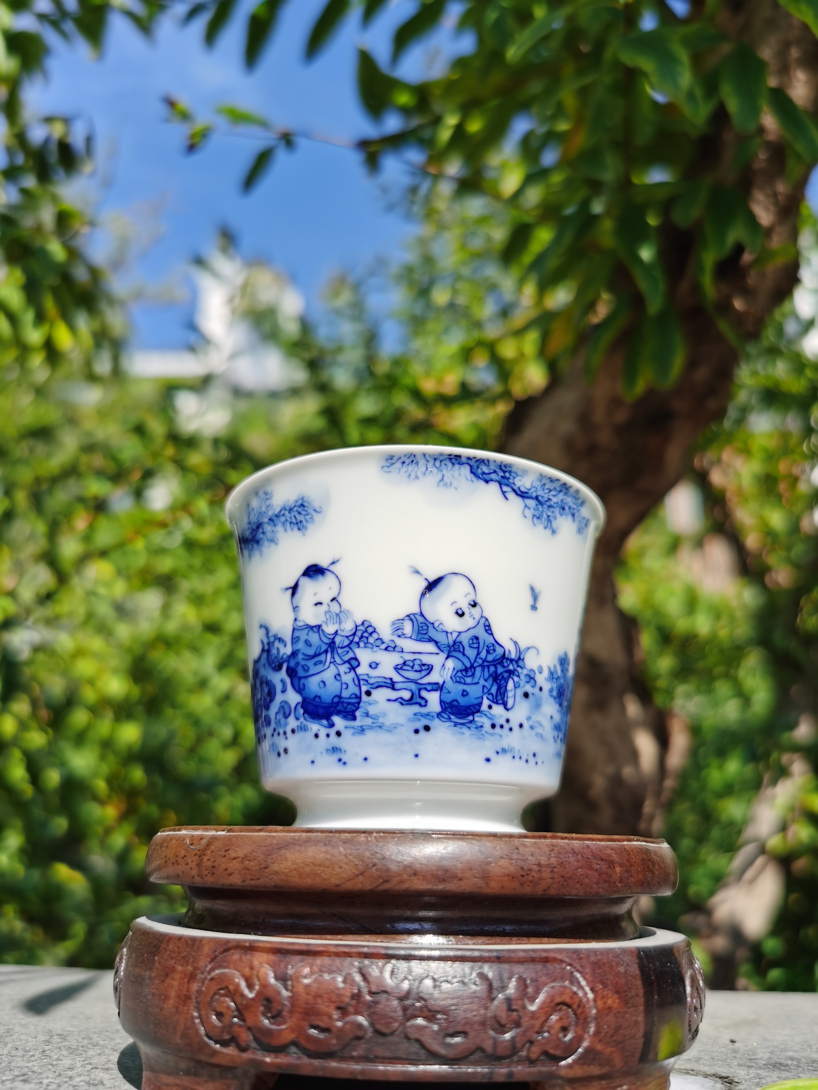 非遗琴心青花童子踢毽子五子图品茗杯全手工制作主人杯