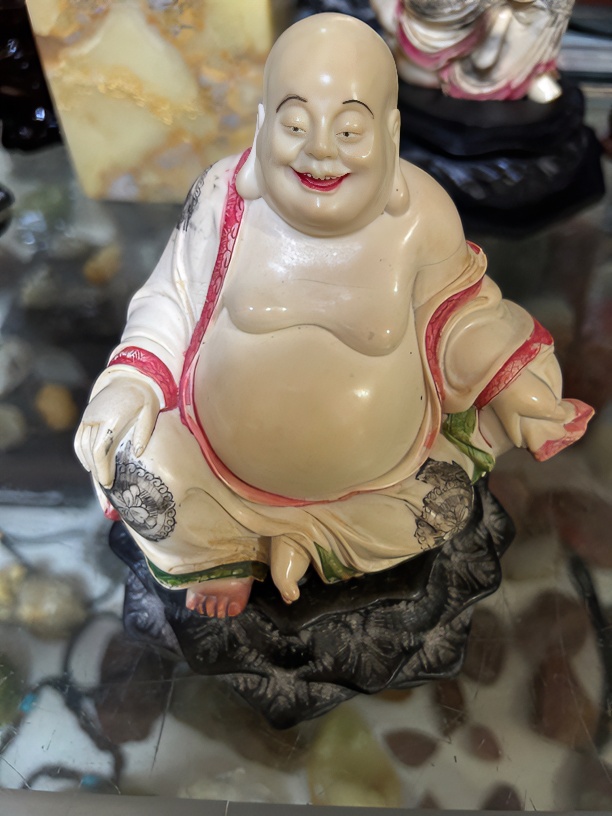 寿山瓷白芙蓉石笑口常开，弥勒佛老工老料彩绘