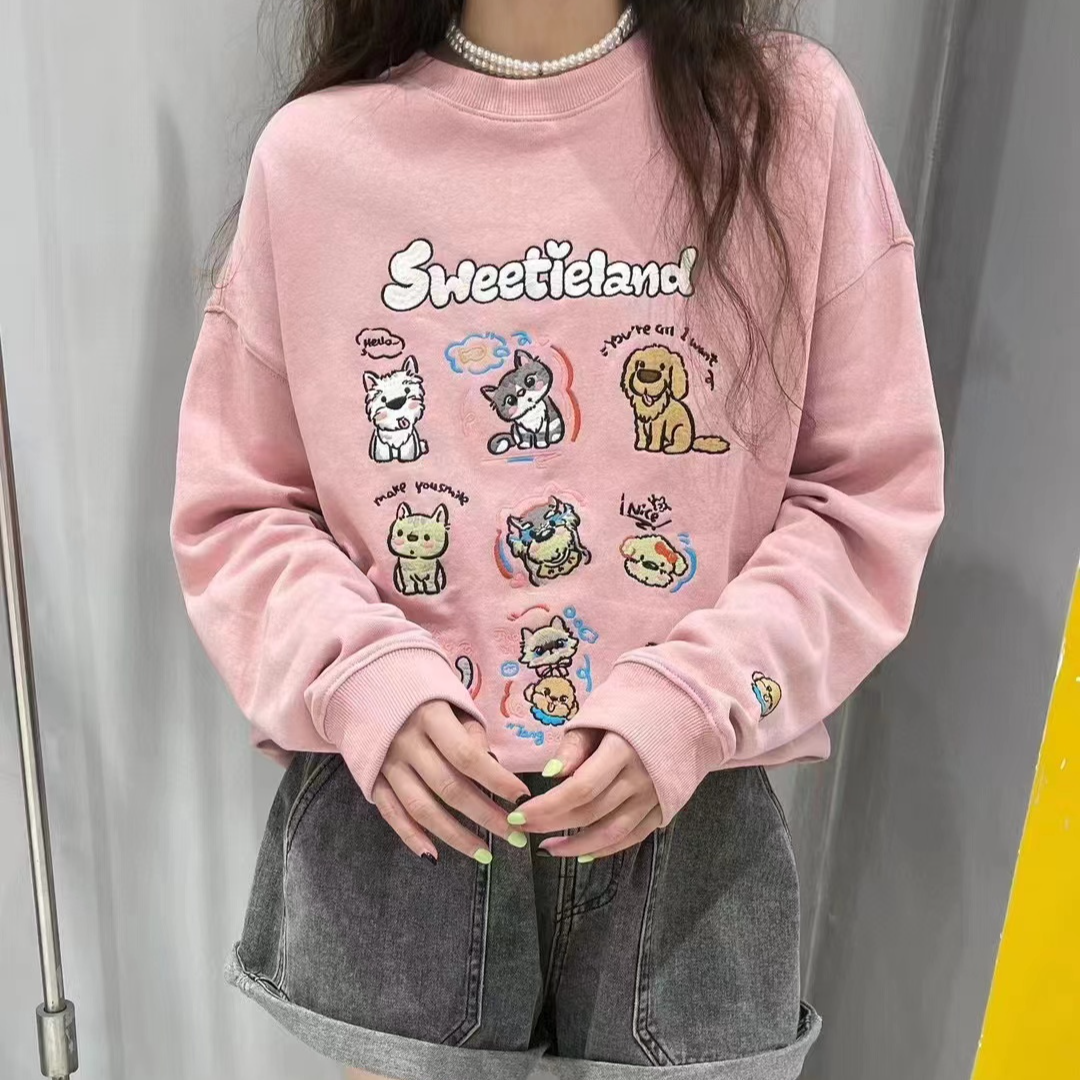 A.D.khal纸袋家[小狗刺绣]复古毛圈刺绣款 大版卫衣美式风0037