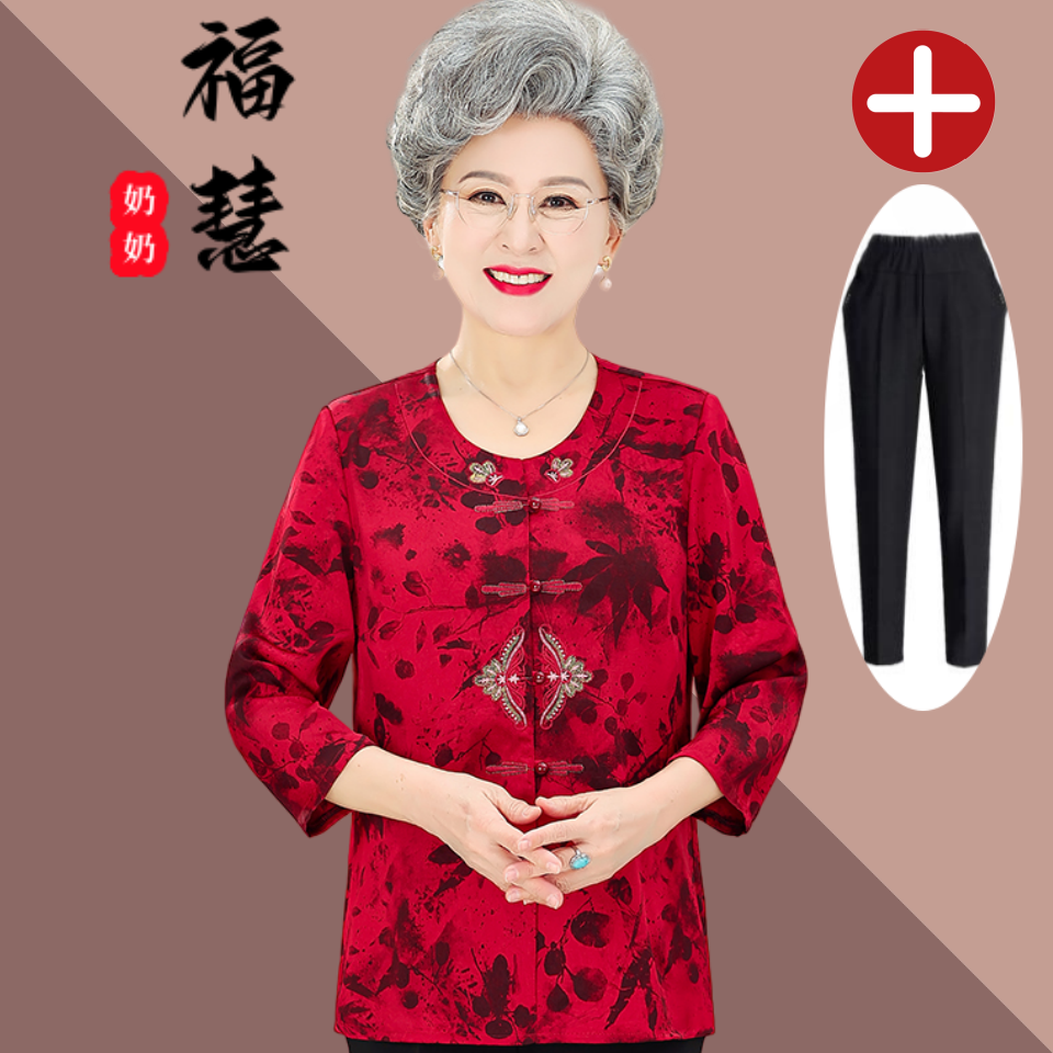 老人老太中国风奶奶装中老年妈妈装春秋老年人喜妈妈衬衫夏季红色
