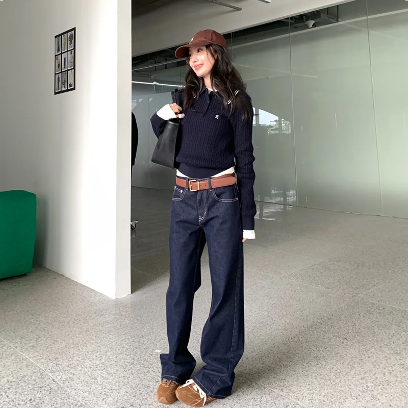 2025秋冬新款时尚潮流高腰垂感直筒窄版阔腿裤深蓝色牛仔裤女