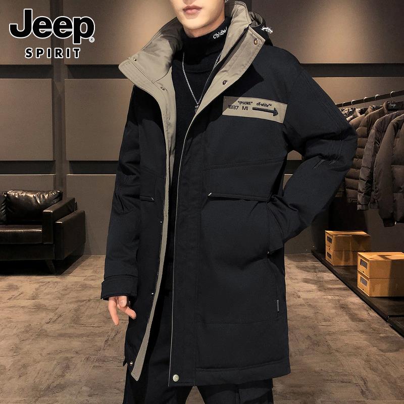 Jeep吉普冬季中长款羽绒服男士潮牌保暖羽绒衣连帽鸭绒休闲外套男