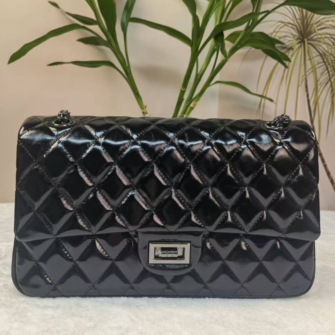 经典油蜡皮黑色菱格链条包轻奢小香风时尚百搭单肩流浪女士肩包