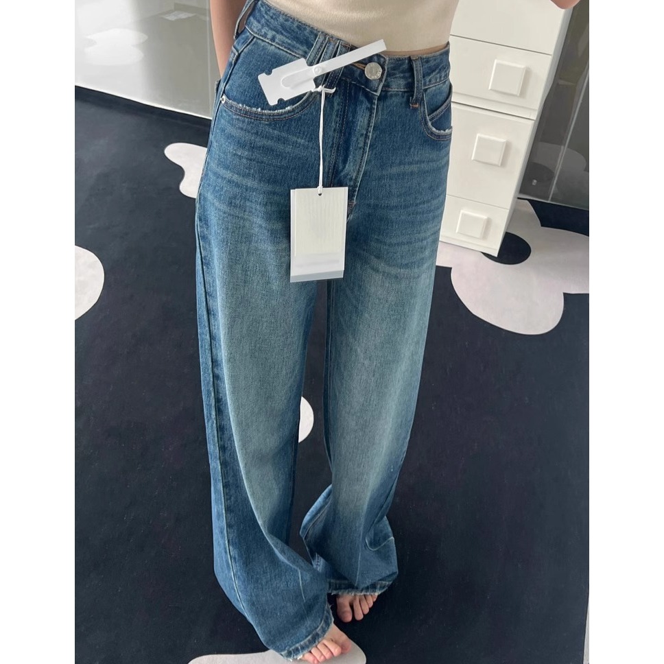INS CEC美式蓝色高腰牛仔裤女垂感慵懒阔腿裤宽松显瘦拖地长裤子