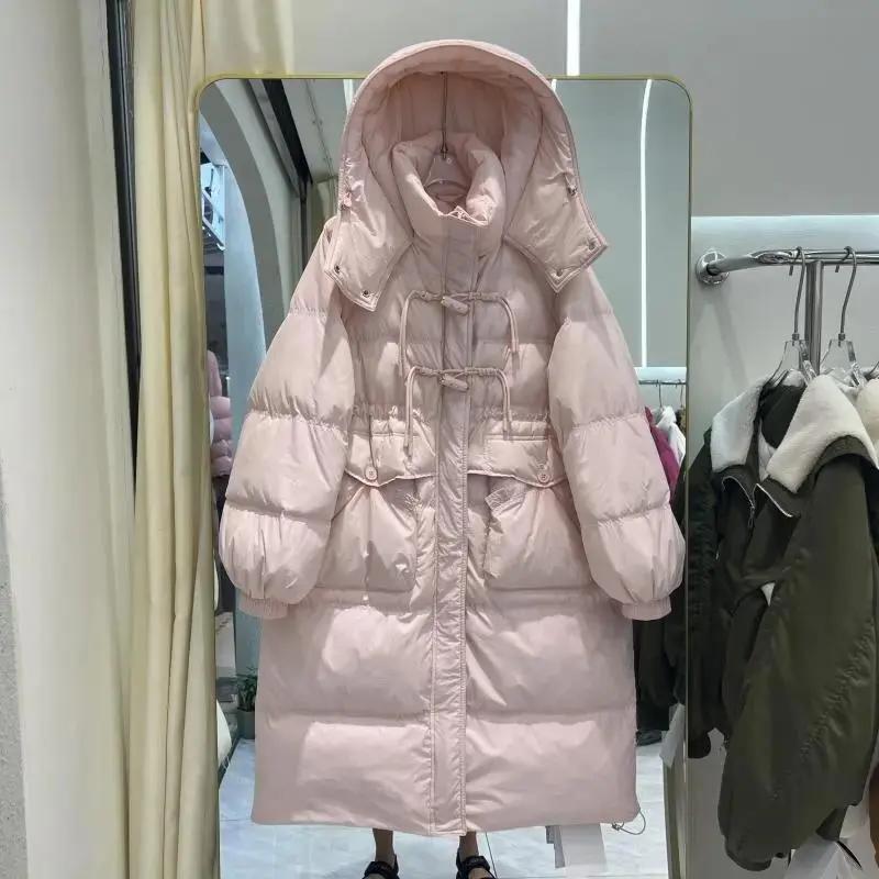 加大码冬季保暖羽绒服女中长款过膝连帽加厚胖mm白鸭