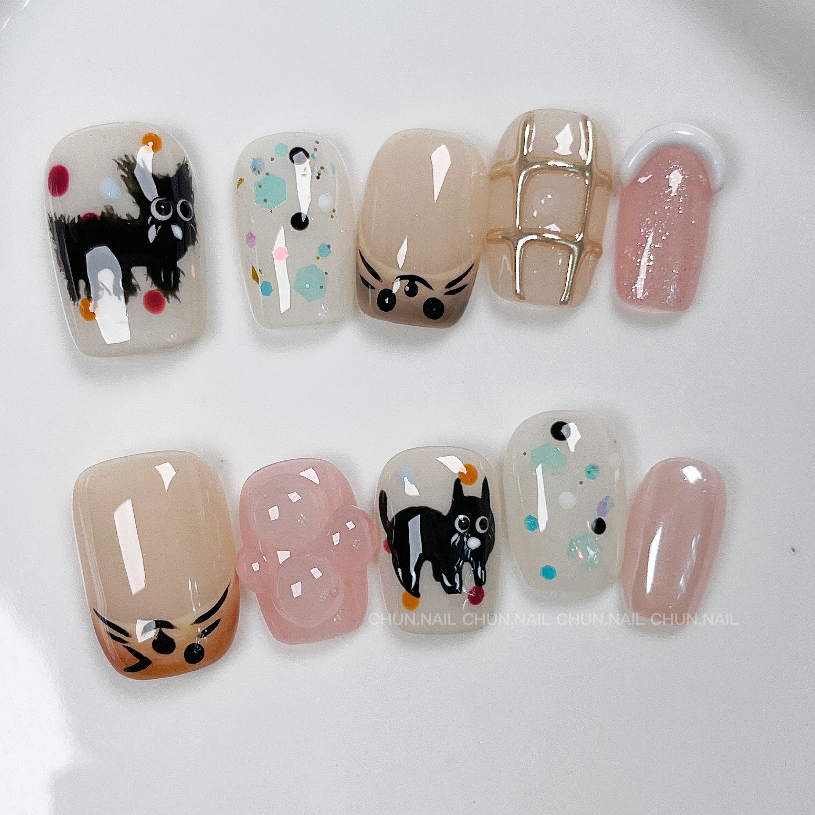 「潦草小猫」有春超可爱手绘潦草小猫美甲纯手工穿戴甲