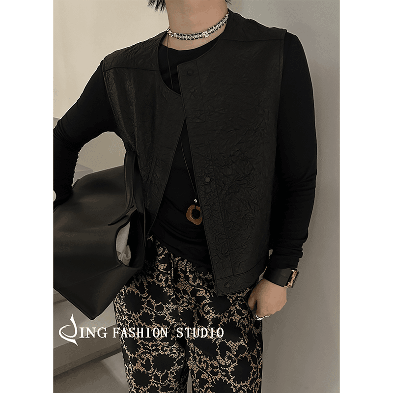 JING2024秋季新款6628-1褶皱绵羊皮马甲休闲女士气质上衣百搭背心