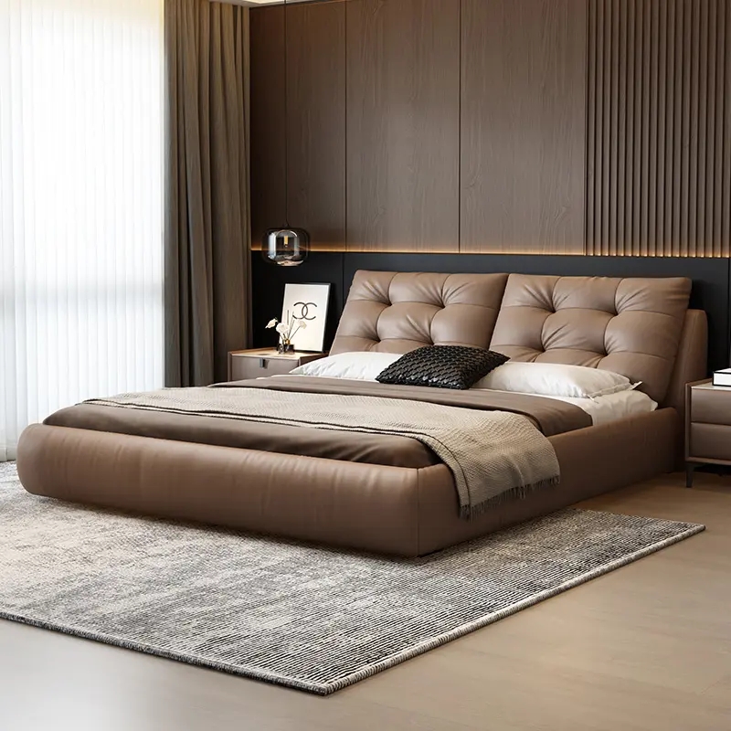 摩卡色棉花糖真皮高箱储物床现代简约主卧室意式轻奢网红软包婚床