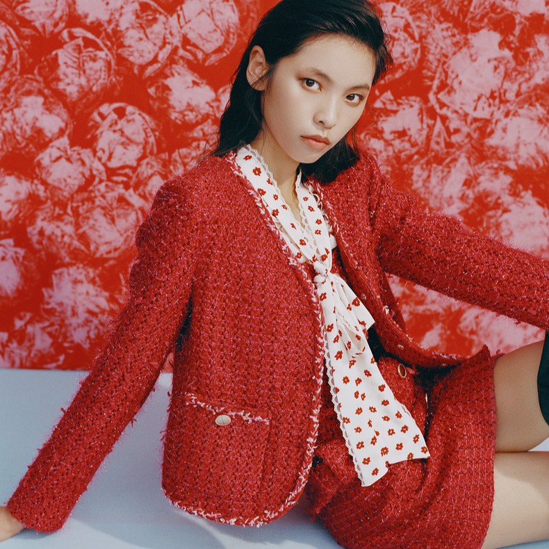 MAXRIENY麦斯芮妮MAXRIENY红色花纱小香风外套2023秋装新款女