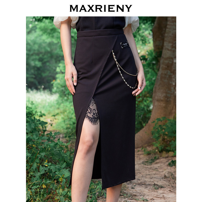 MAXRIENY纯欲宫廷风裙子侧开叉蕾丝一步裙22夏黑色半身短裙设计感