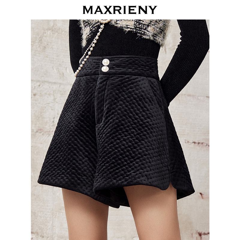 MAXRIENY丝绒夹棉女冬微喇外穿百搭黑色高腰短裤阔腿显瘦毛呢秋冬