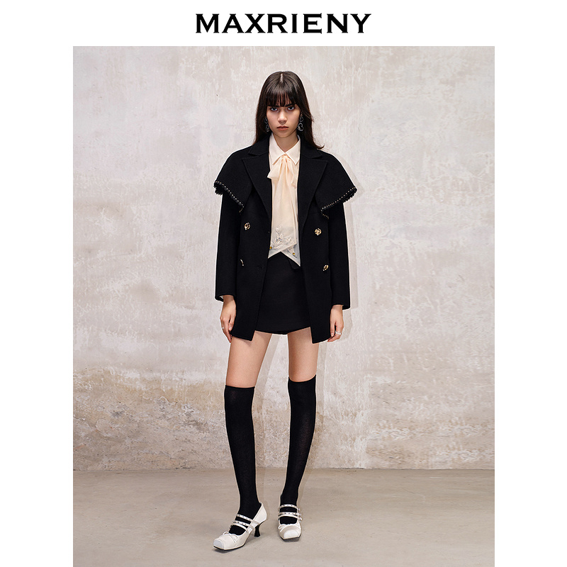 MAXRIENYMAXRIENY蕾丝冬季翻领外套短款秋冬新款气质斗篷式大衣