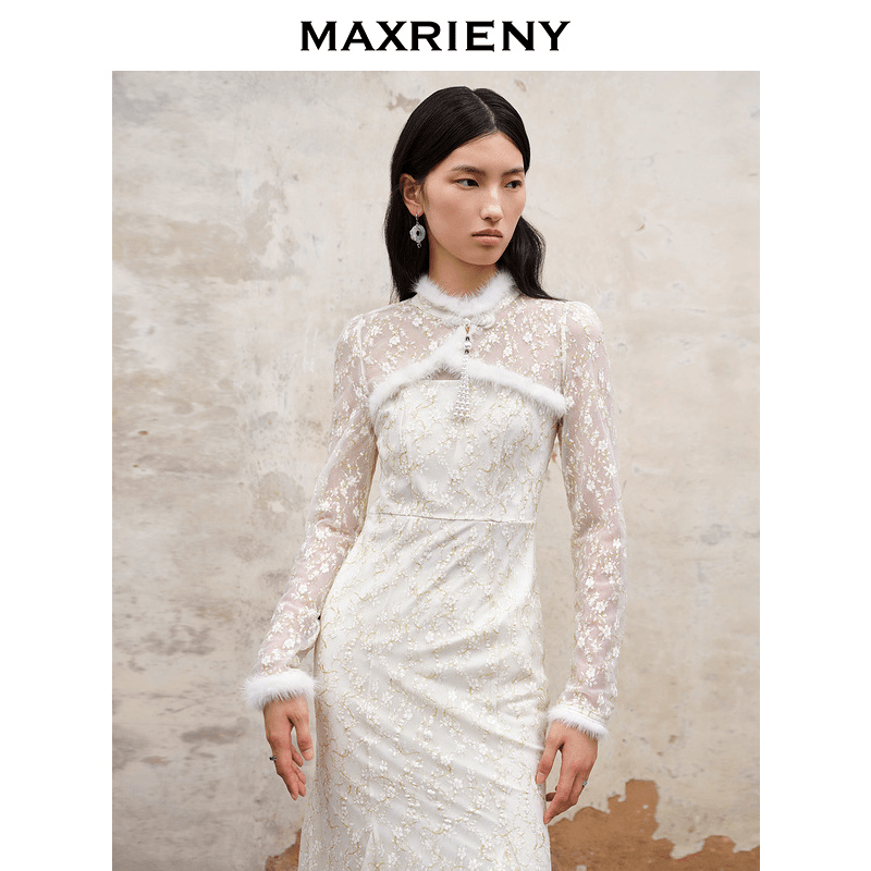 MAXRIENY国风24K蕾丝鱼尾秋冬连衣裙新年穿搭新中式长裙小白裙