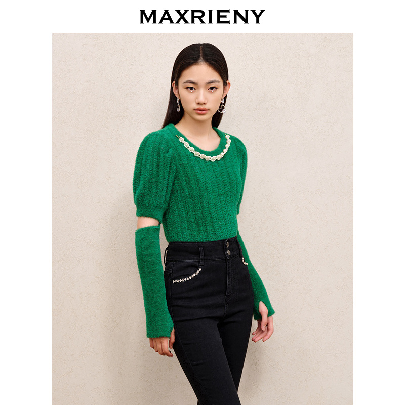 MAXRIENY2023秋冬秋毛衫上衣长袖绿色高领圆领套头打底衫针织衫
