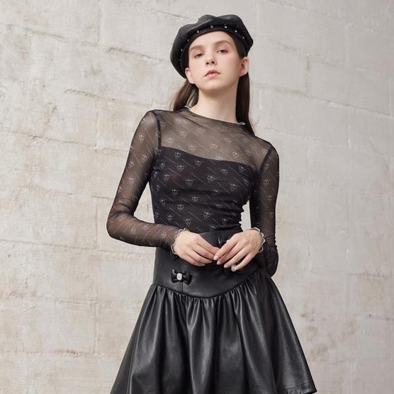 MAXRIENY蕾丝打底衫女秋季立领网纱内搭洋气套头上衣修身皮肤衣