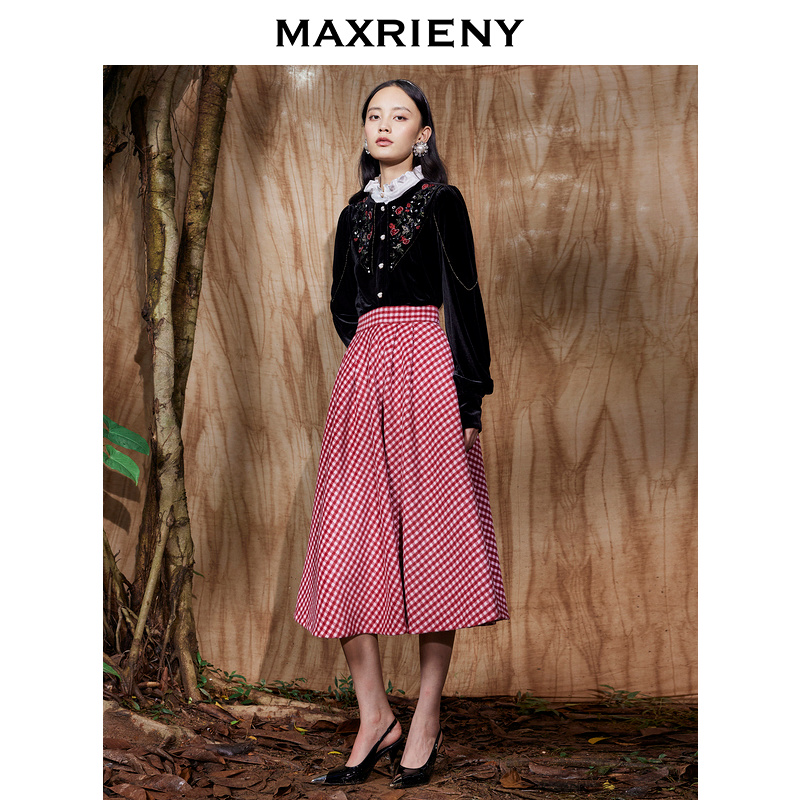 MAXRIENY复古红白格纹长裙秋冬法式高腰A字裙大摆裙圣诞穿搭