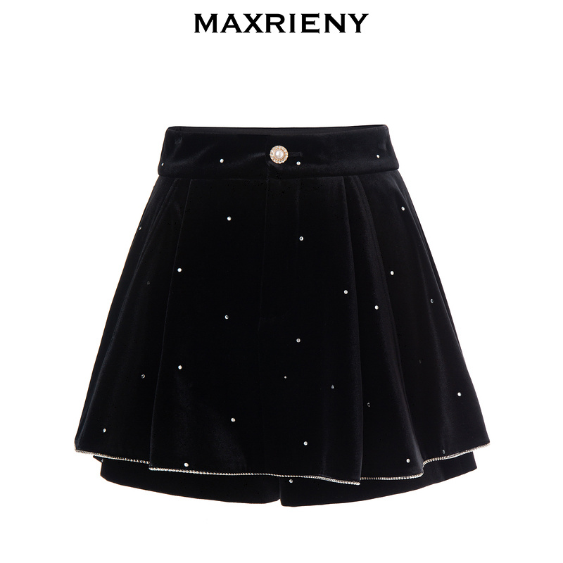MAXRIENY秋冬新款高腰短裤女百搭宽松黑色丝绒烫钻裤裙洋气时尚