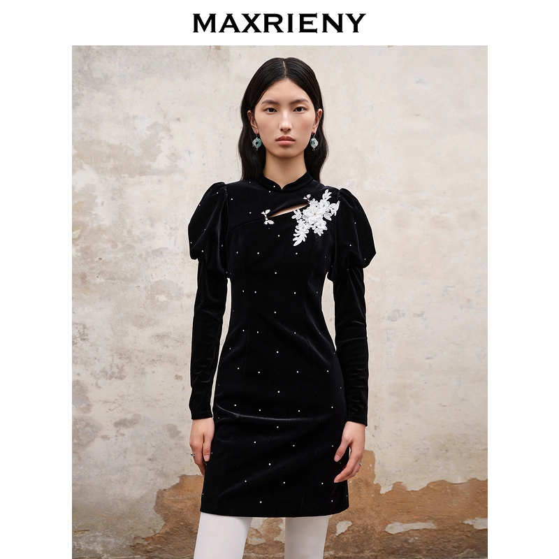 【专用】MAXRIENY2023秋款新中式黑色披肩连衣裙