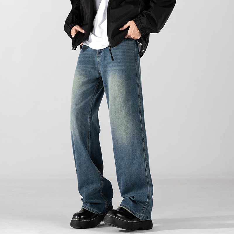 美式水洗铁锈蓝Cleanfit休闲直筒阔腿牛仔裤男vintage宽松长裤子