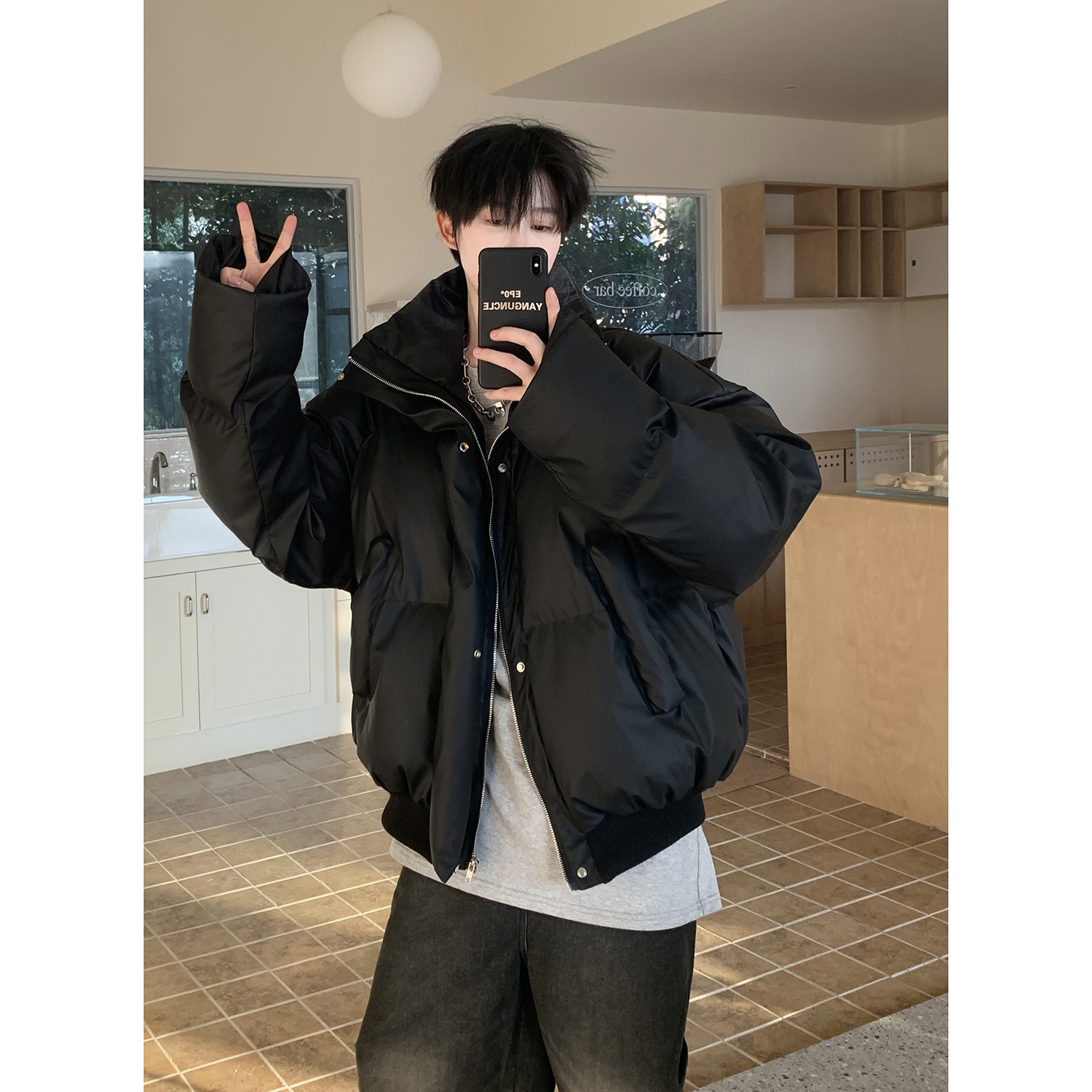 【小扬哥推荐】PU皮冬季新款韩版纯色宽松立领棉服保暖面包服外套