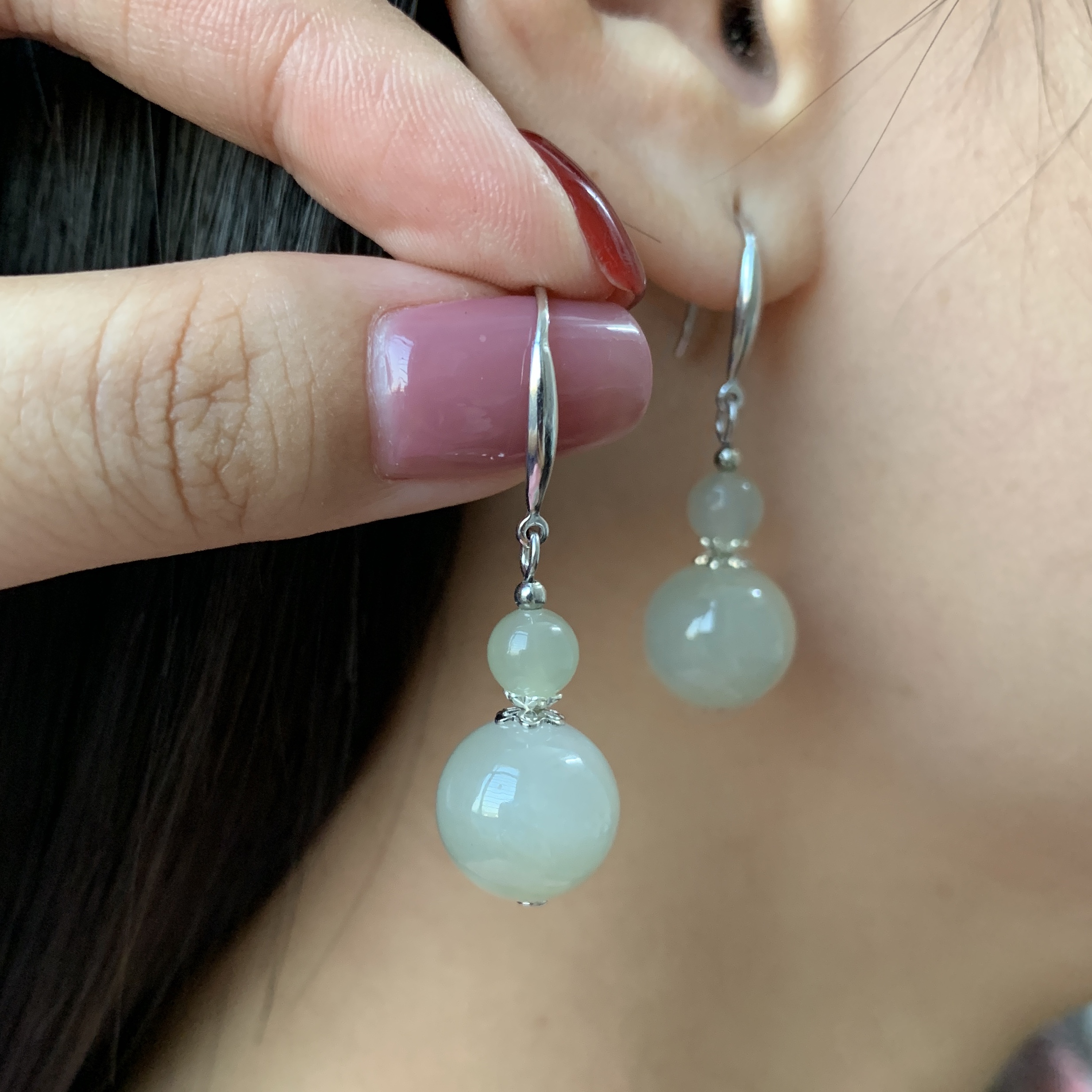 天然和田玉晴水S925通体银珠径12MM左右中国风复古百搭新中式耳环