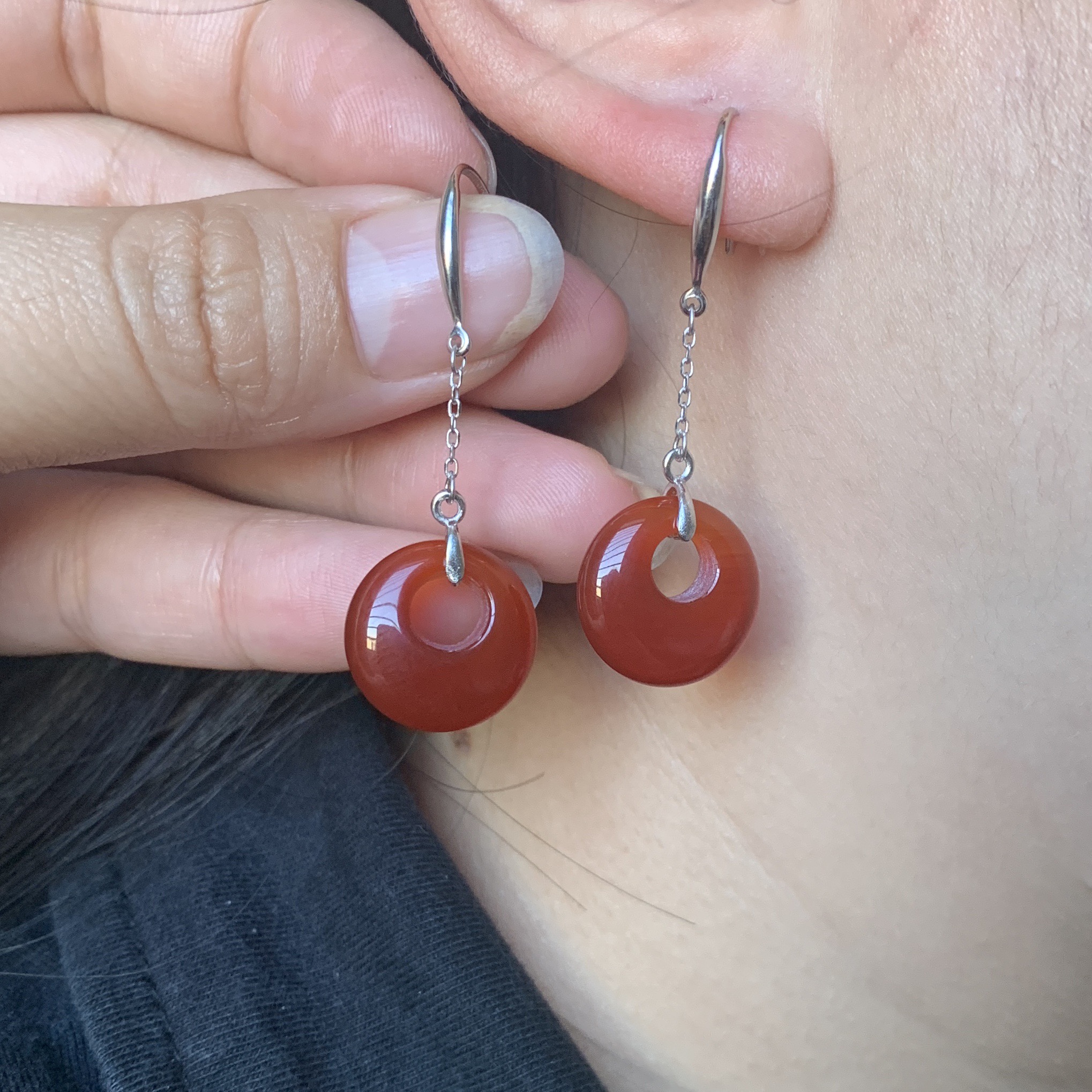 天然珠宝耳环公主扣川料红玛瑙款卡15mms925银耳环耳饰