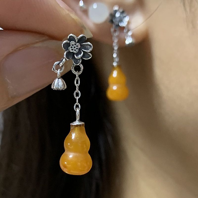 天然蜜蜡耳环裸石卡12*7MM左右S925银镶嵌复古时尚气质百搭耳饰