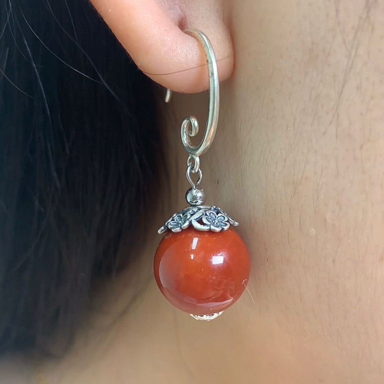 卡14左右玛瑙复古耳钩款中长款耳环百搭气质S925银耳饰