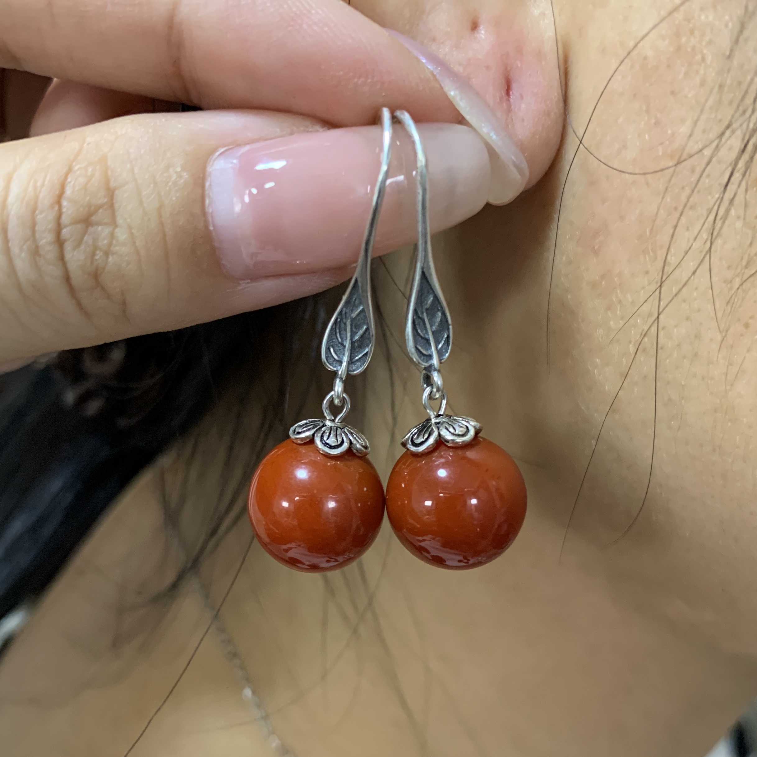 天然川料红玛瑙满肉珠径卡12mm左右S925银复古中国风百搭气质耳环