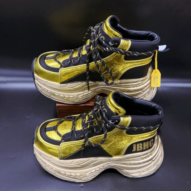 金色高帮鞋男鞋子欧货大头面包鞋头层牛皮厚底增高老爹鞋潮流短靴