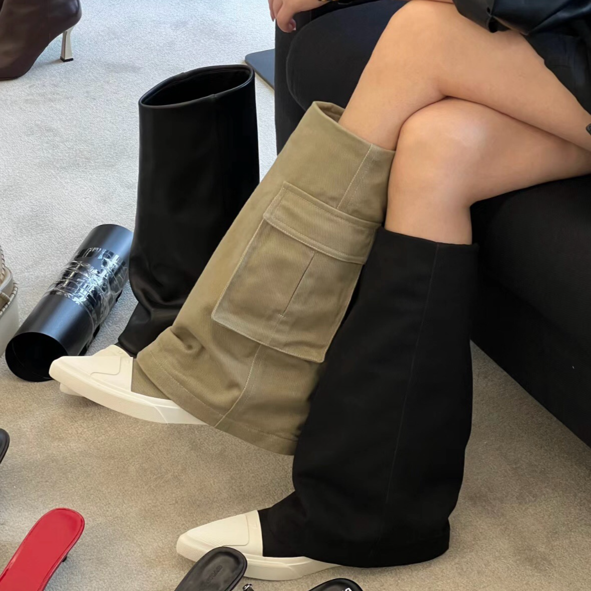 25新款DY设计师款尖头时尚软底3.5cm内增高女士工装侧口袋裤筒靴