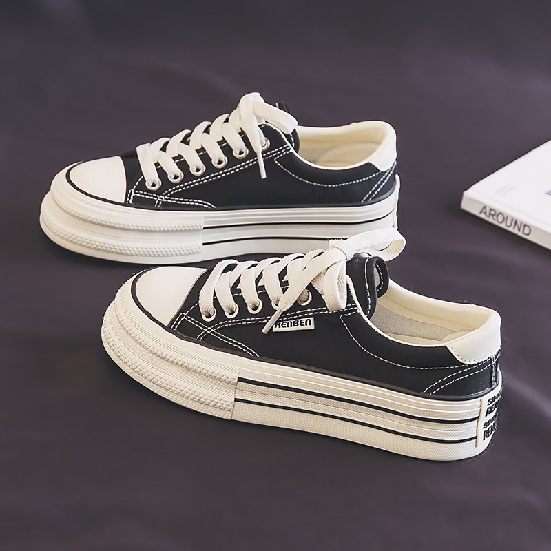 人本帆布鞋女2024秋季新款爆款厚底增高单鞋休闲百搭透气运动板鞋