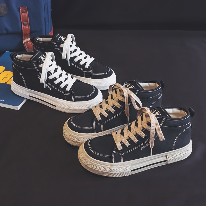 人本中高帮帆布鞋女学生平底运动板鞋单鞋休闲百搭透气ins女球鞋