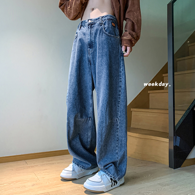 男势复古蓝色牛仔裤男夏季新款美式潮牌宽松大码阔腿直筒拖地裤子