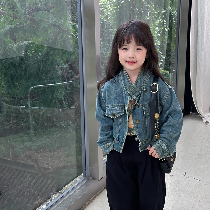 【现货已开价】女童韩范复古短款夹克立领气质水洗牛仔外套 M049