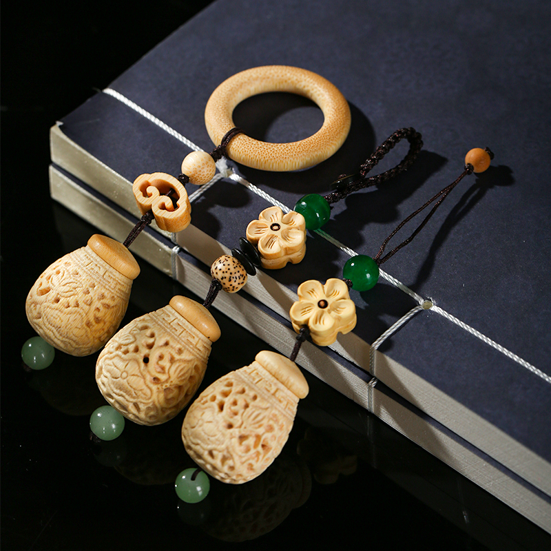 手工文玩玉竹实心竹雕刻镂空香囊便携随身手机钥匙扣挂件吊坠挂饰