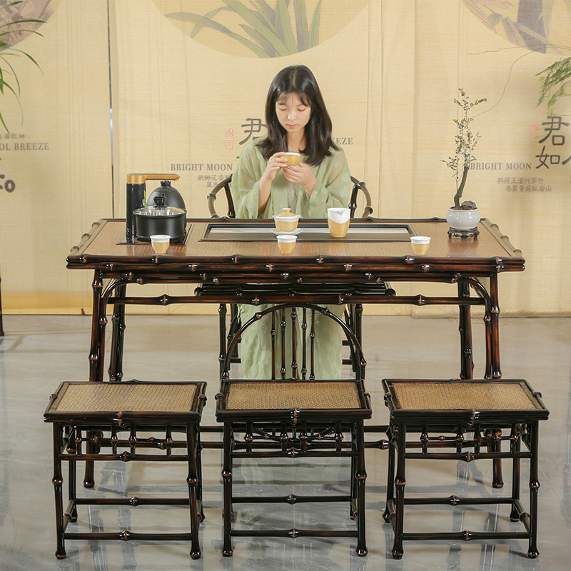 新品筇竹手工家具茶桌乌金石茶家用全自动上水石头茶台煮茶电磁炉