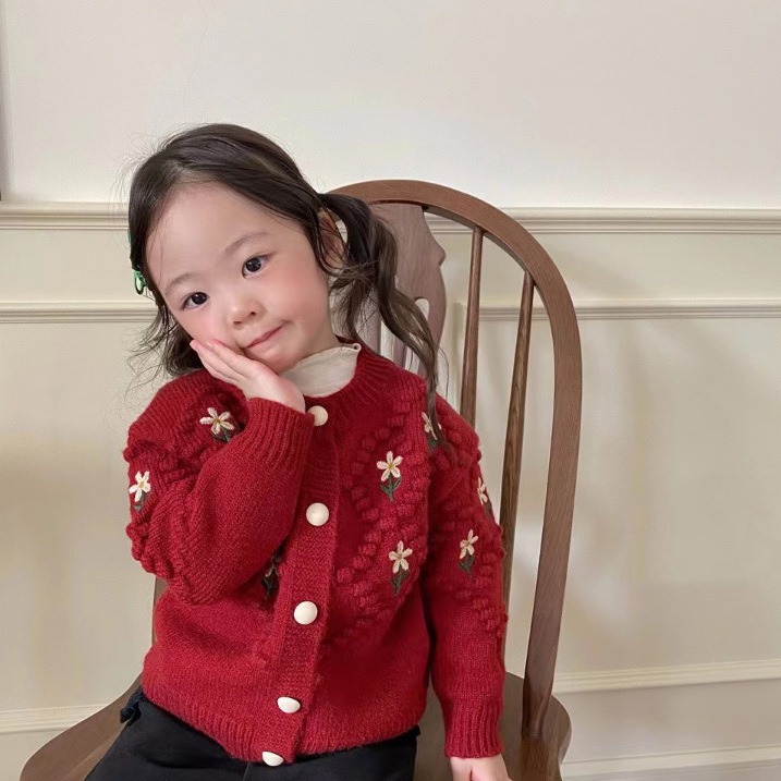 女童毛衣开衫春秋新款洋气宝宝针织外套儿童加厚外搭打底上衣圆领