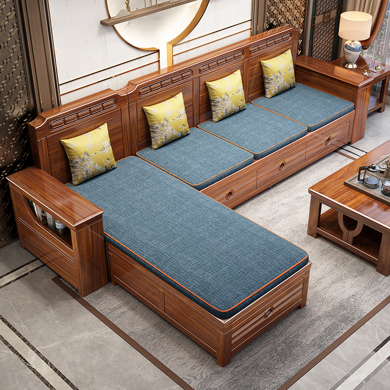 【佛山工厂直销】新中式胡桃木实木多功能沙发床冬夏松弛感储物家具